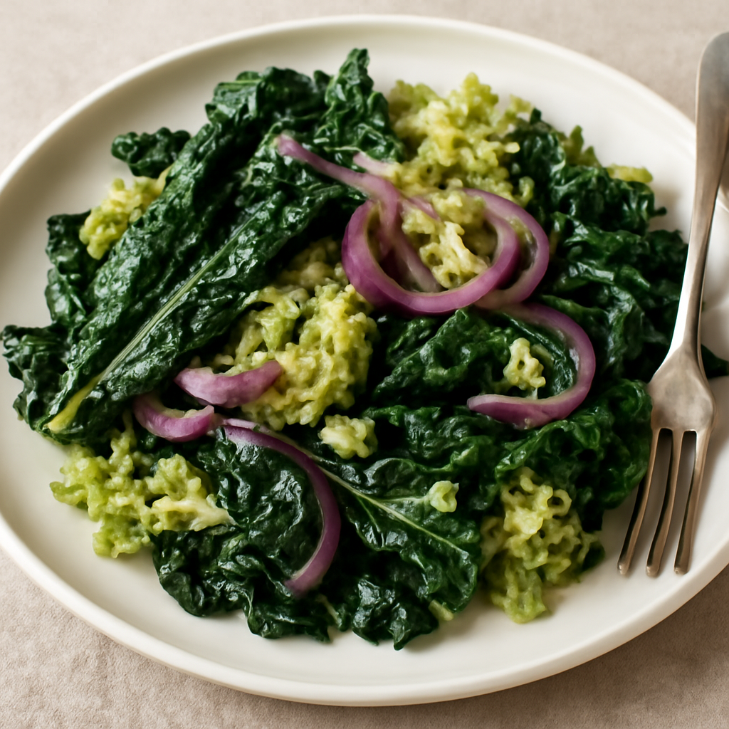 Cavolo nero e verza stufati con cipolla rossa