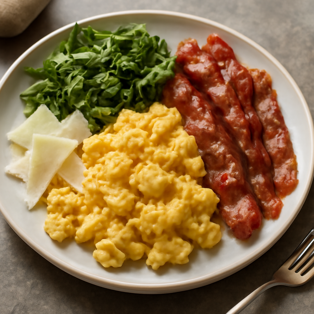 Uova strapazzate con pancetta, grana padano e rucola
