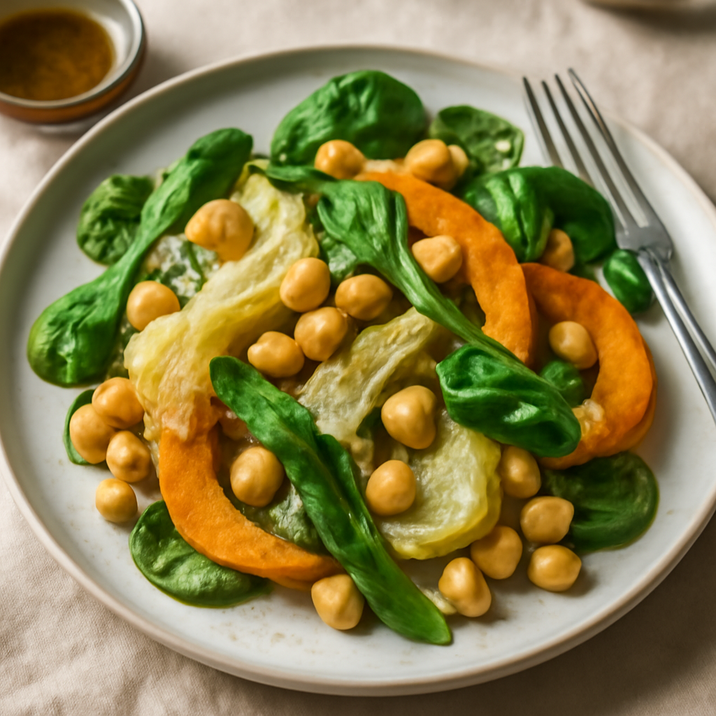 Insalata tiepida di ceci, spinaci, finocchio e zucca