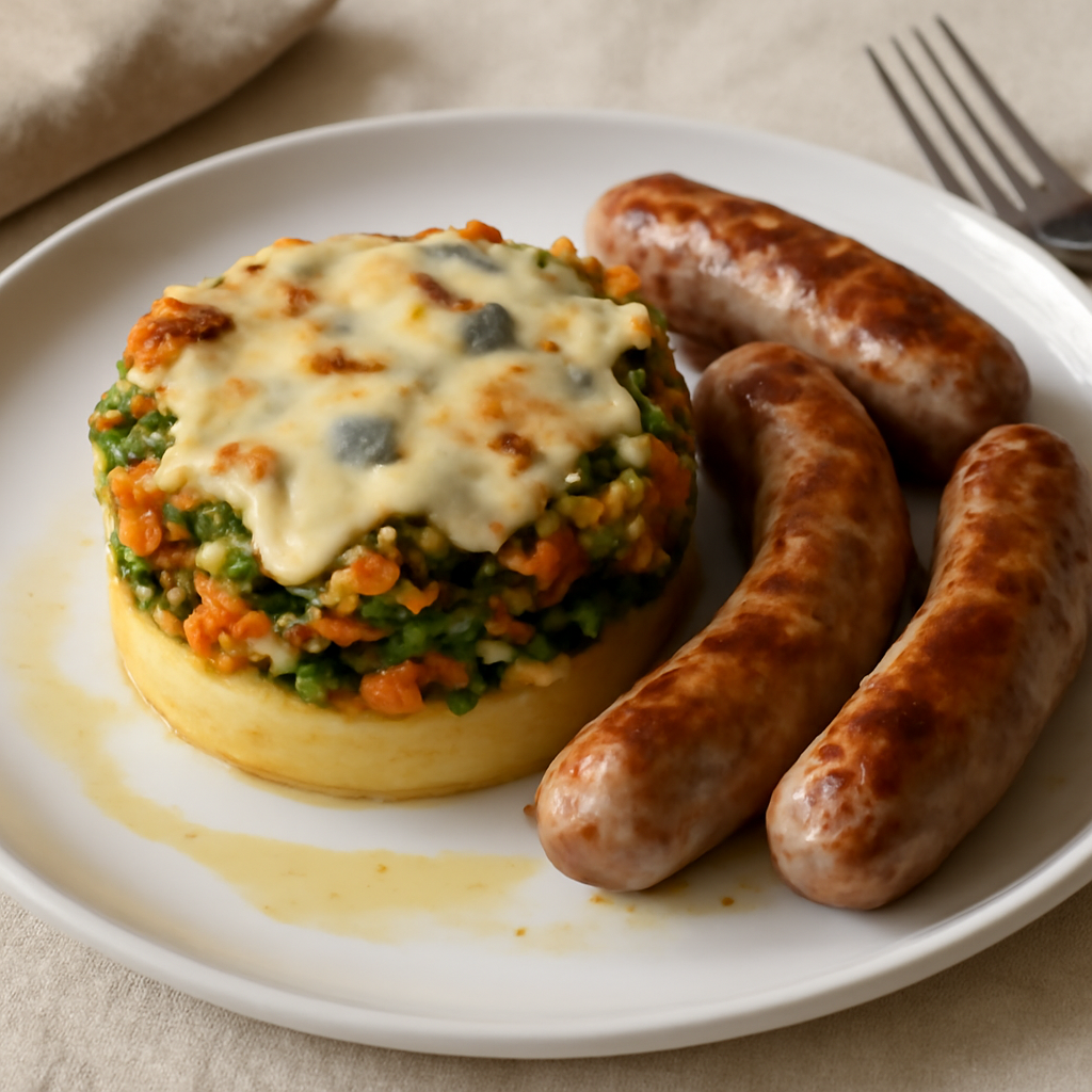 Tortino di patate, verdure e gorgonzola con salsiccia