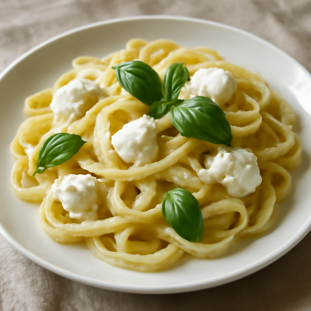Pasta con mozzarella, burro e basilico