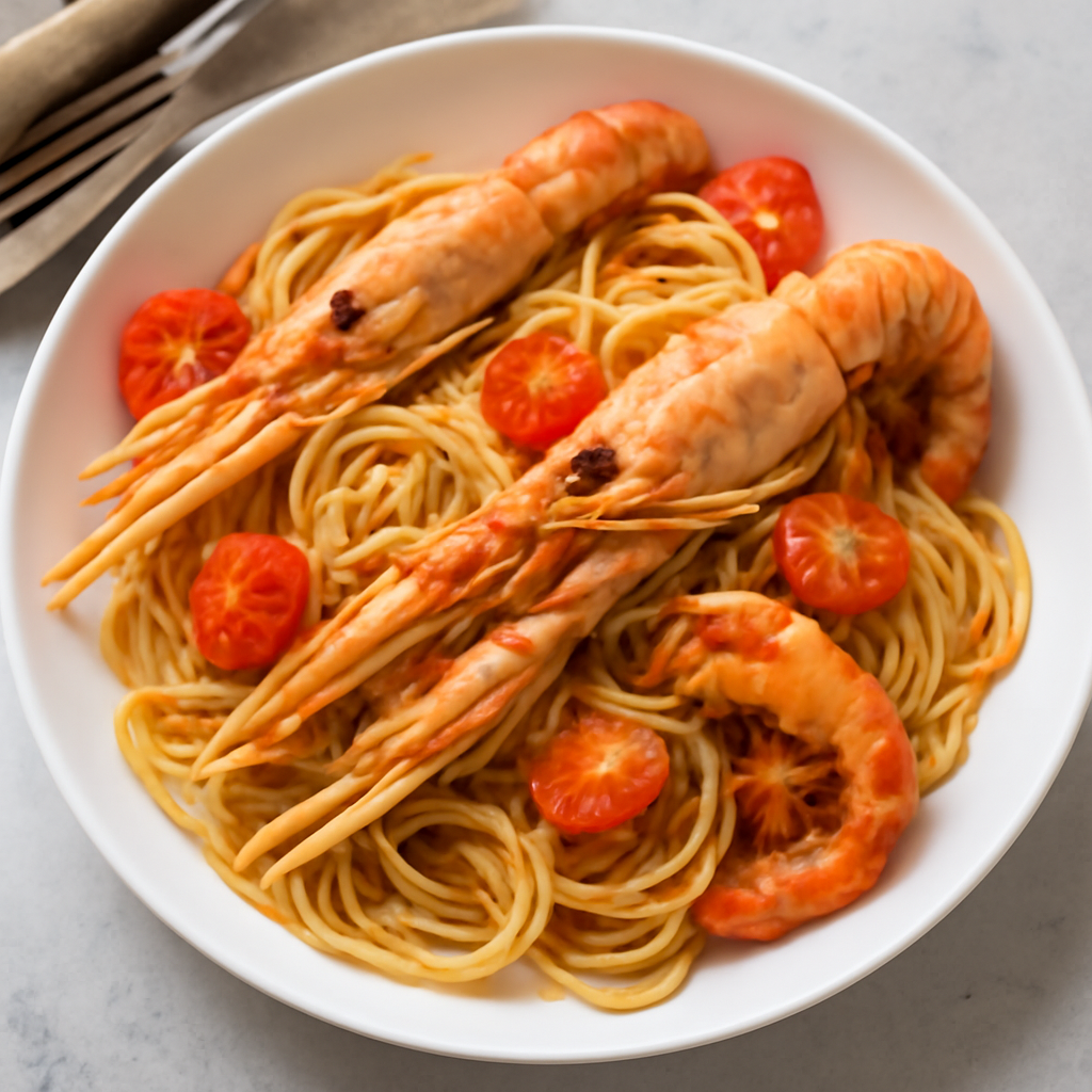 Pasta con scampi e pomodorini