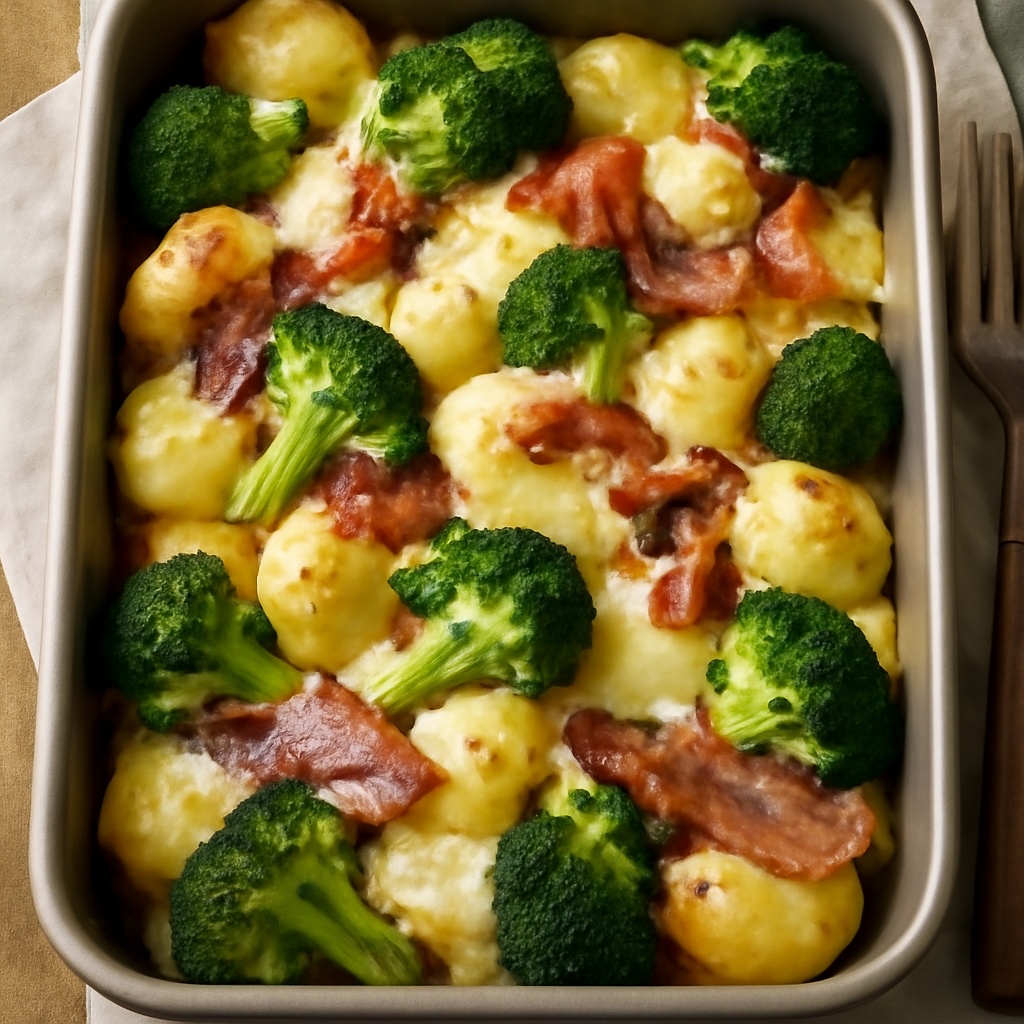 Teglia di patate, broccoli, scamorza e pancetta