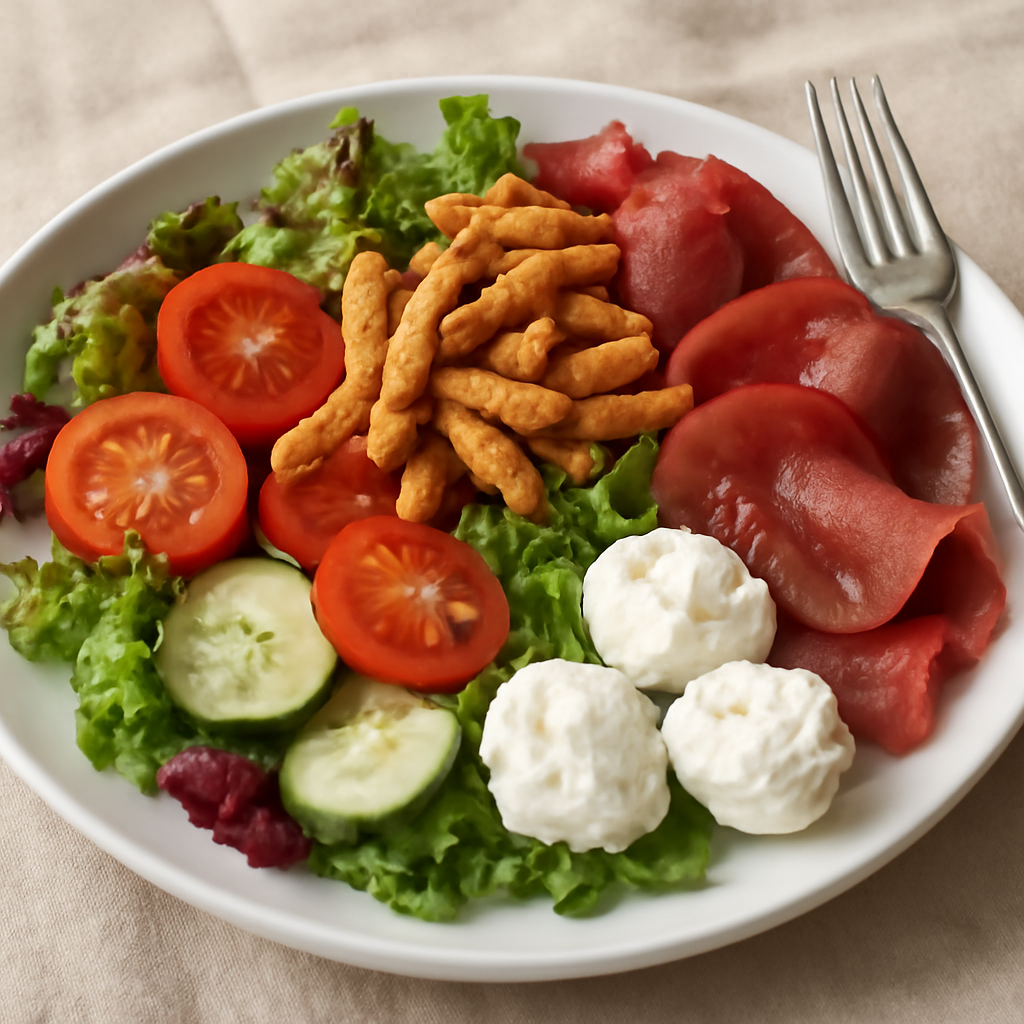 Insalata mista con bresaola, straccetti di soia e formaggio spalmabile
