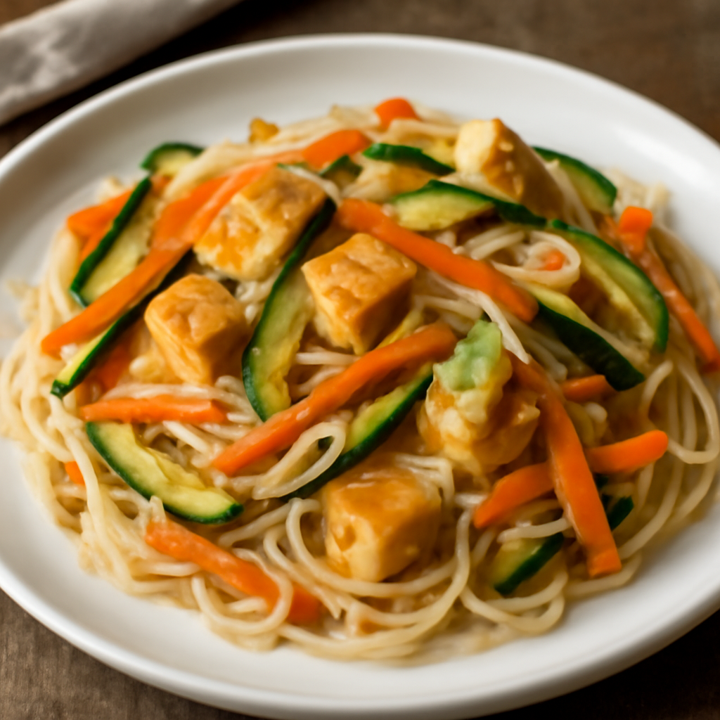 Spaghetti di riso con tofu, zucchine e carote