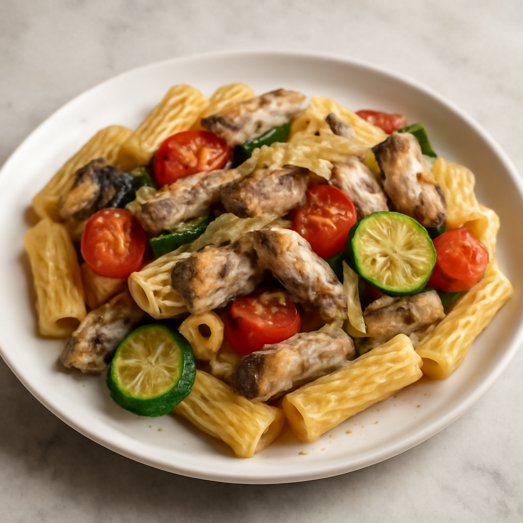 Pasta con sgombro fresco, pomodorini e zucchine