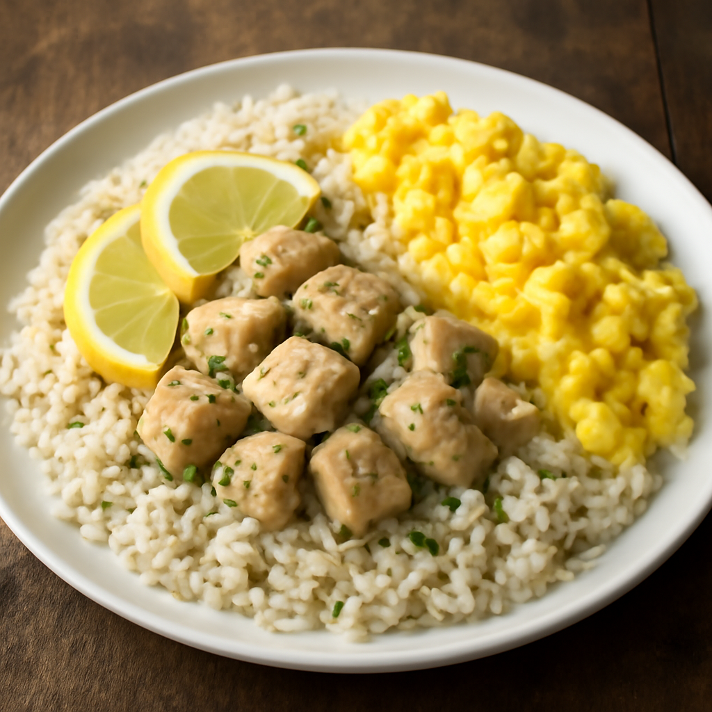 Riso con pollo al limone e uovo strapazzato