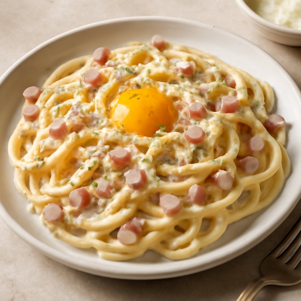 Pasta cremosa con prosciutto cotto, uovo e formaggio