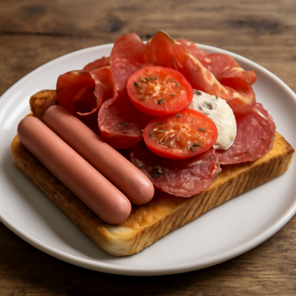 Toast ricco con wurstel, salame, speck, pomodori e mozzarella