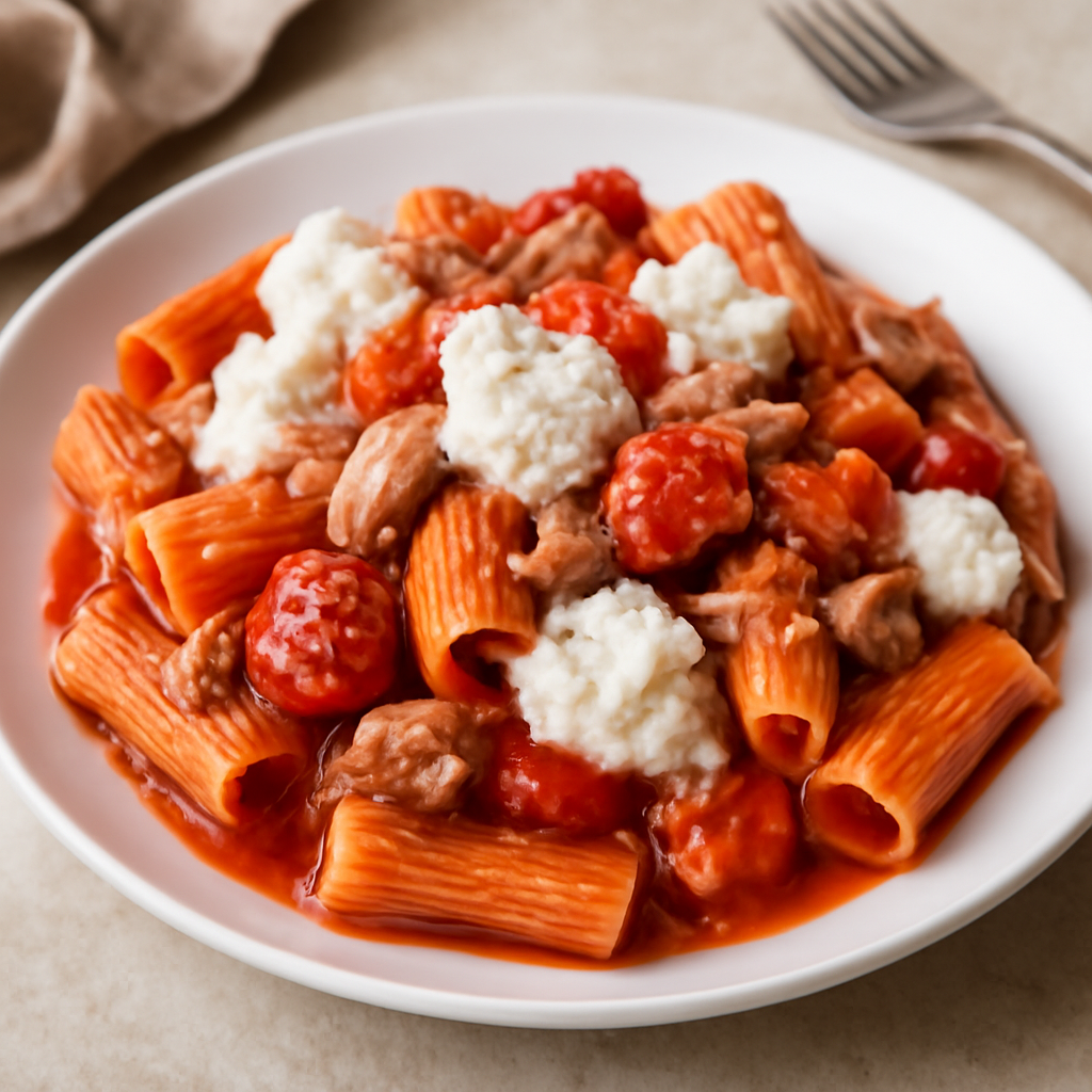 Pasta con ricotta, sugo di pomodoro, pomodorini e tonno