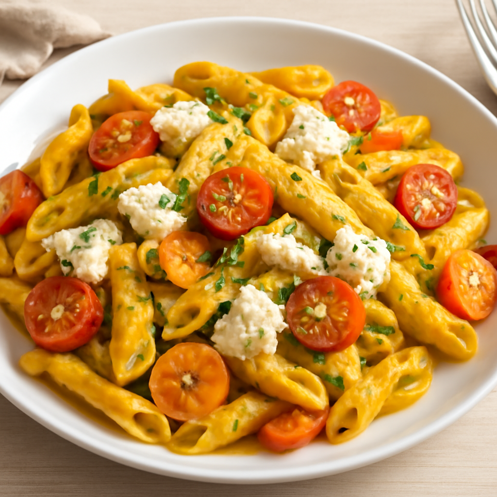 Pasta al curry con pomodorini, carote, ricotta e grana