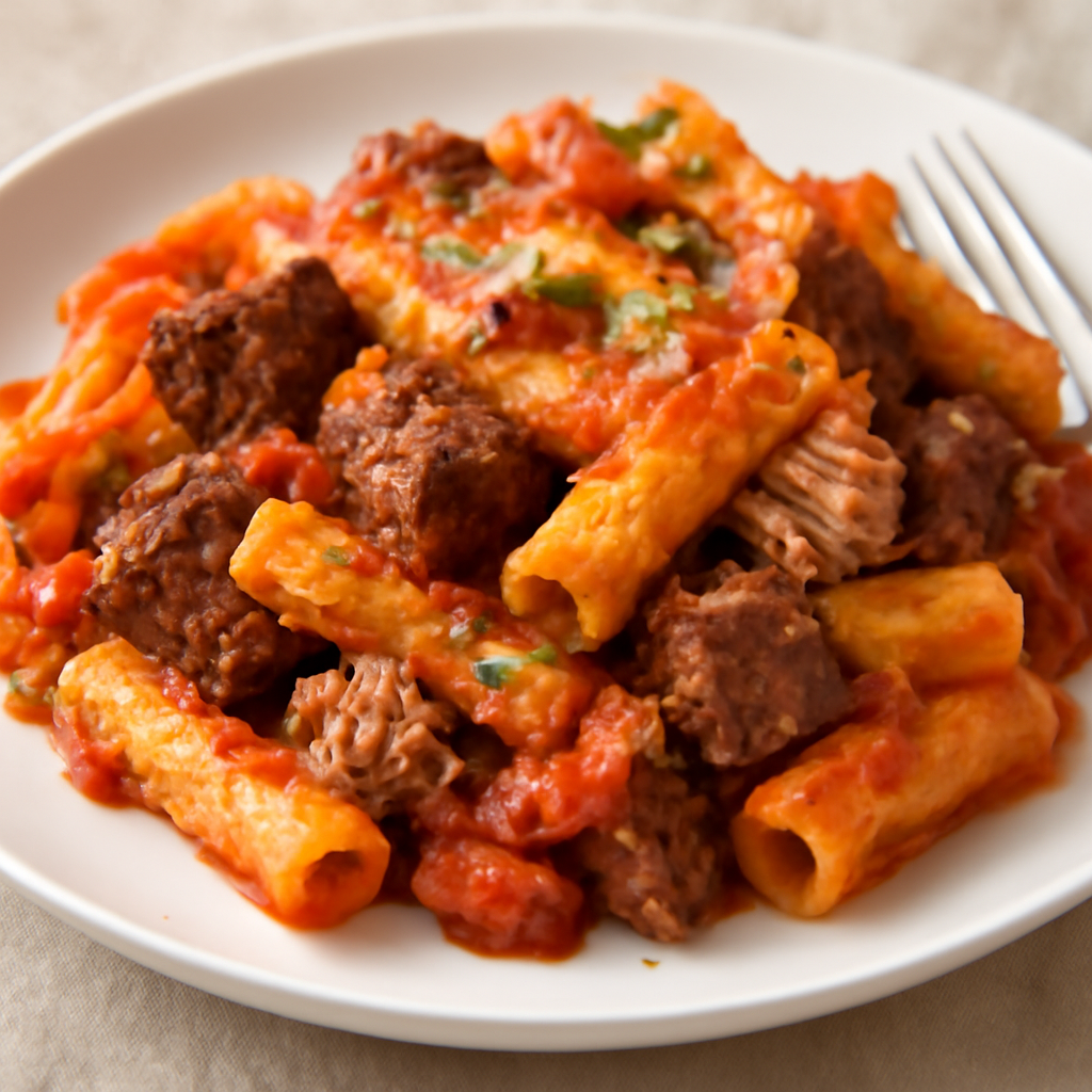 Pasta al forno con polpa di manzo, tonno e pomodoro