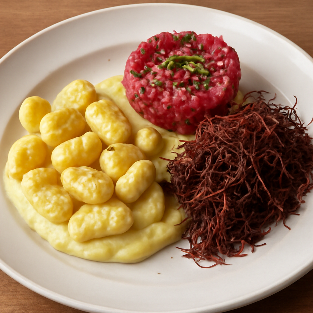 Gnocchi con purè, tartare di manzo e sfilacci di cavallo