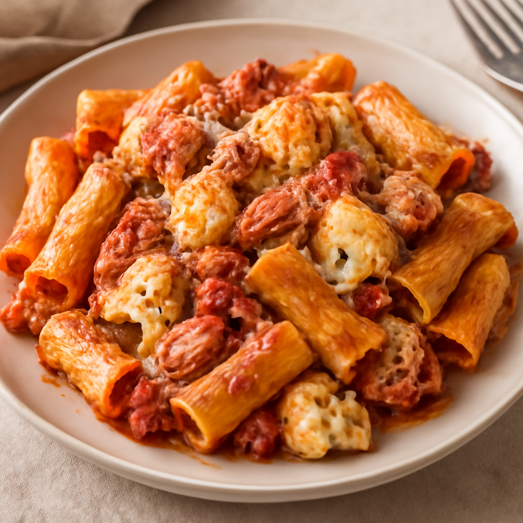 Rigatoni al forno con cavolo bianco, tonno e pomodoro
