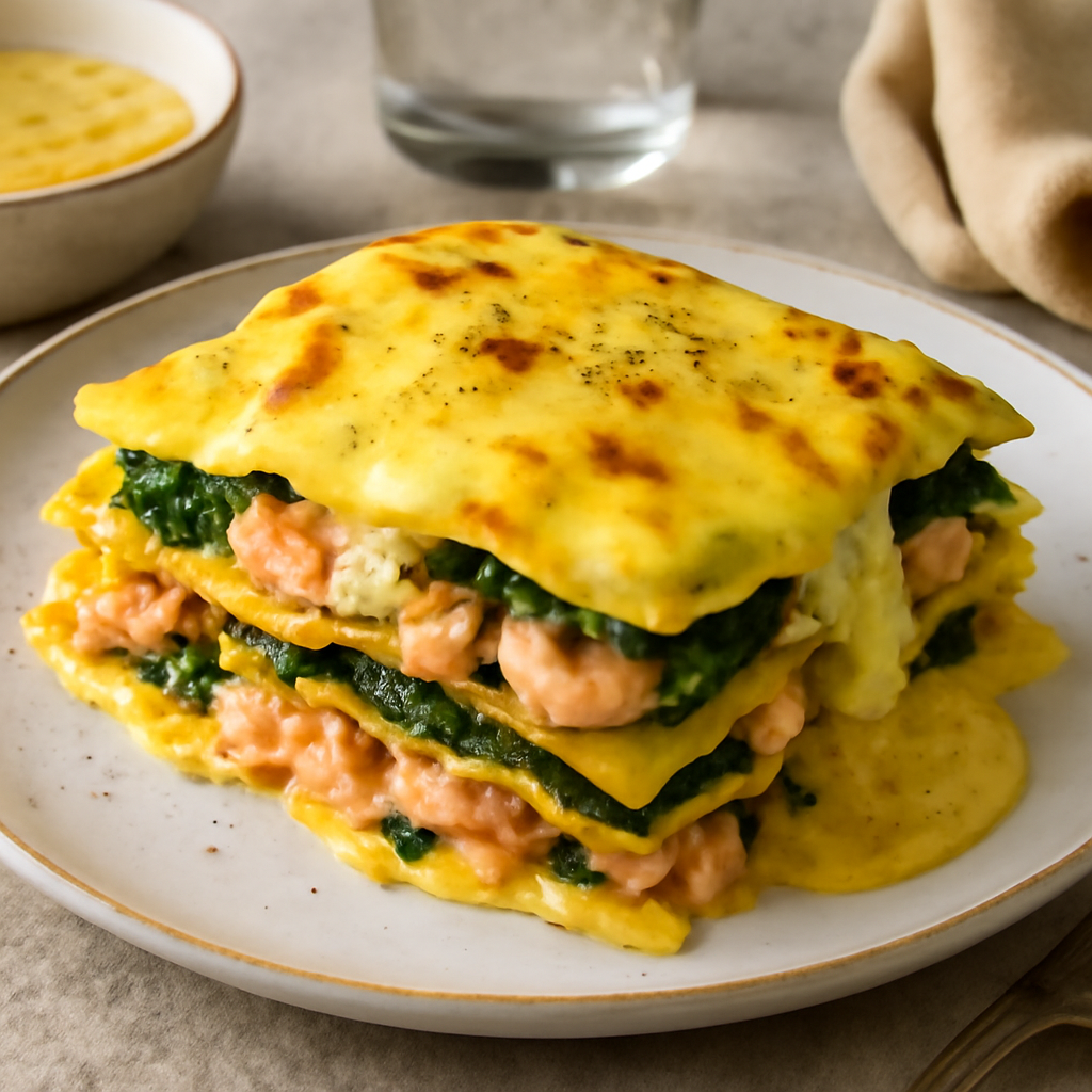 Lasagna di salmone, gamberetti e spinaci con besciamella allo zafferano