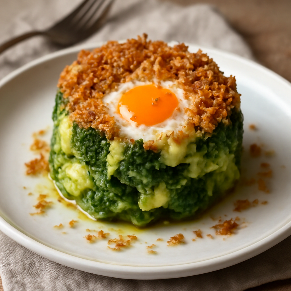 Tortino di broccoli, patate e uovo con mollica croccante