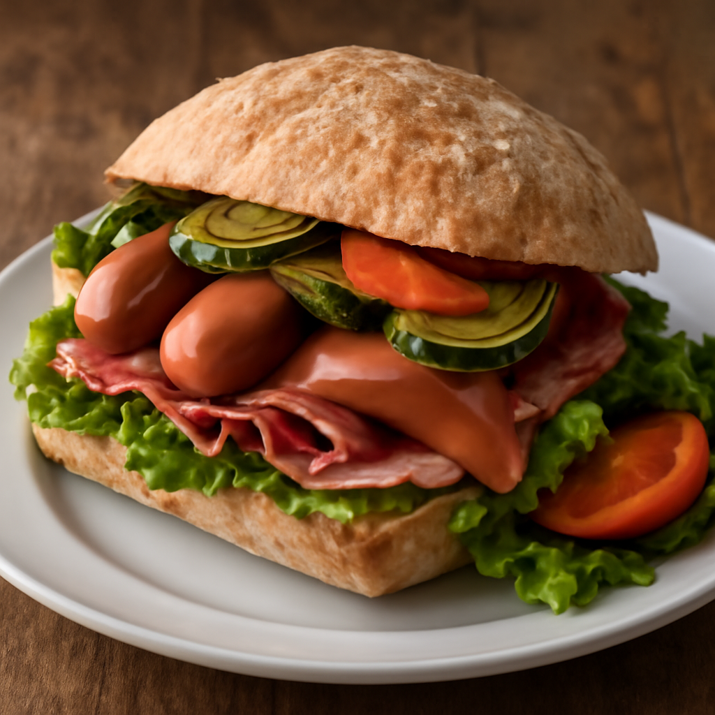 Panino rustico con wurstel, prosciutto crudo e verdure