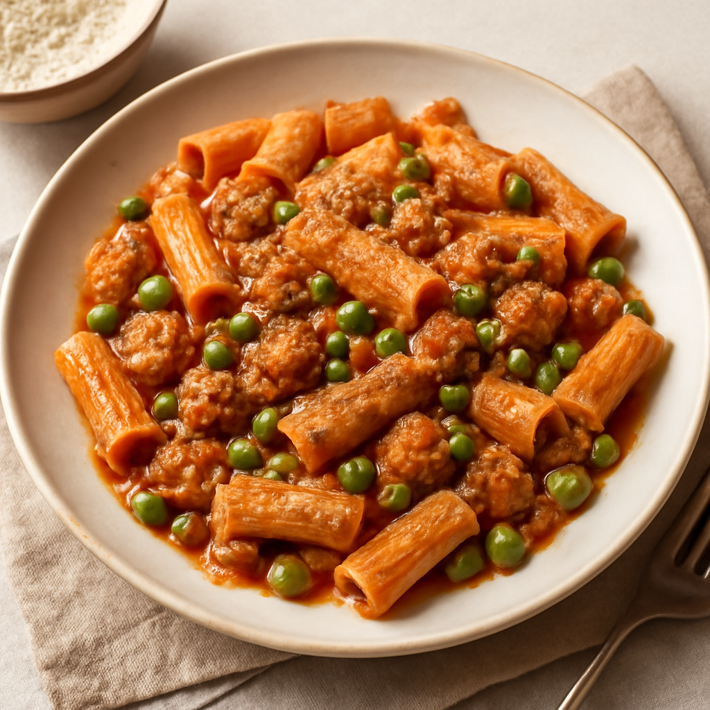 Pasta con salsiccia, piselli, panna e passata di pomodoro