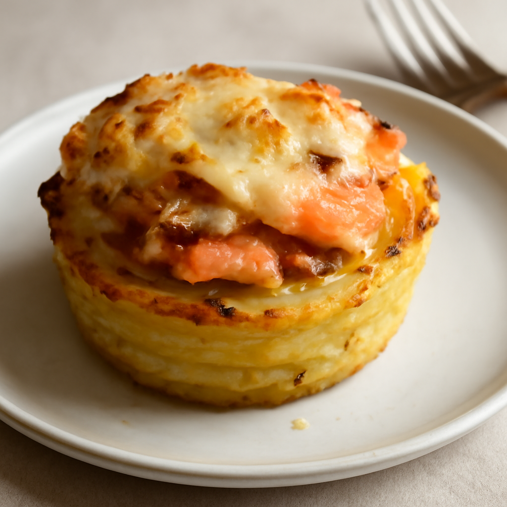 Tortino di patate, cipolla, pancetta, salmone e formaggio