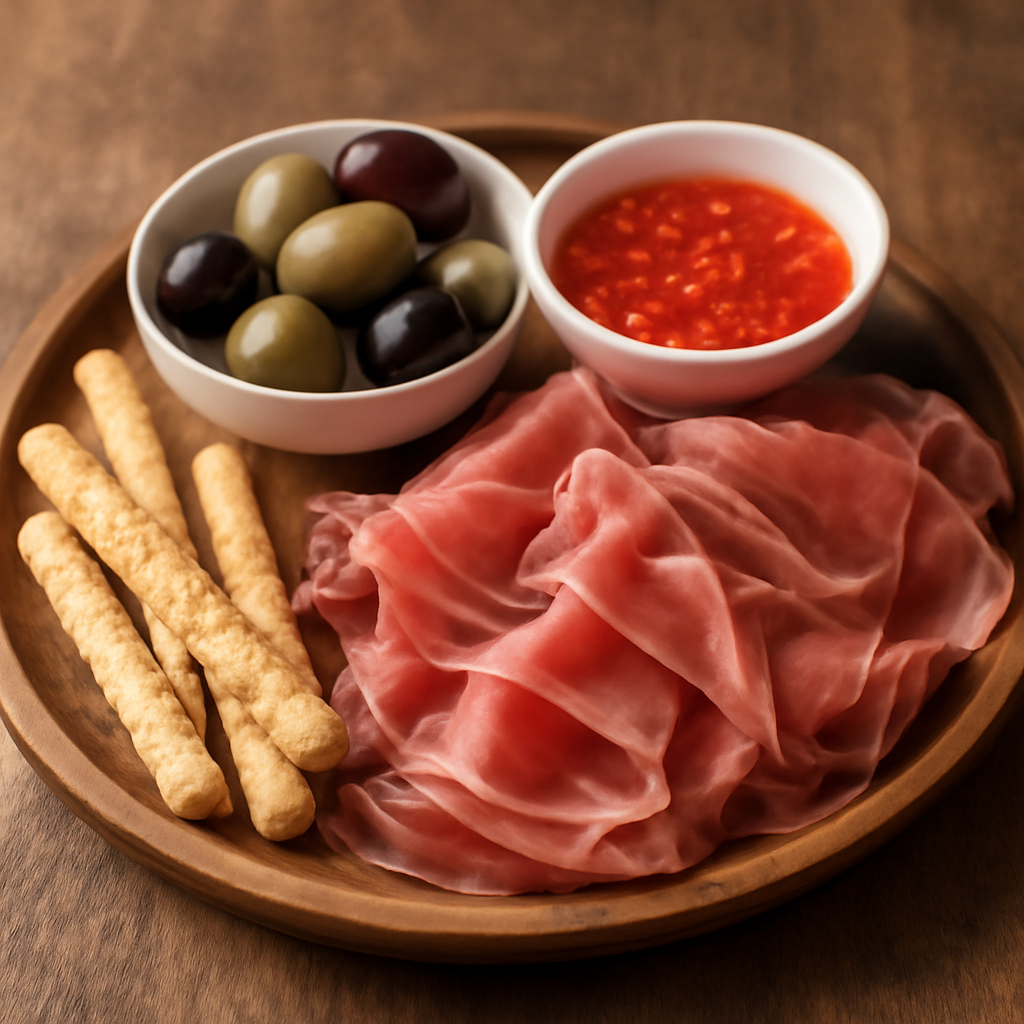 Tagliere sfizioso con olive, affettato e salsa piccante