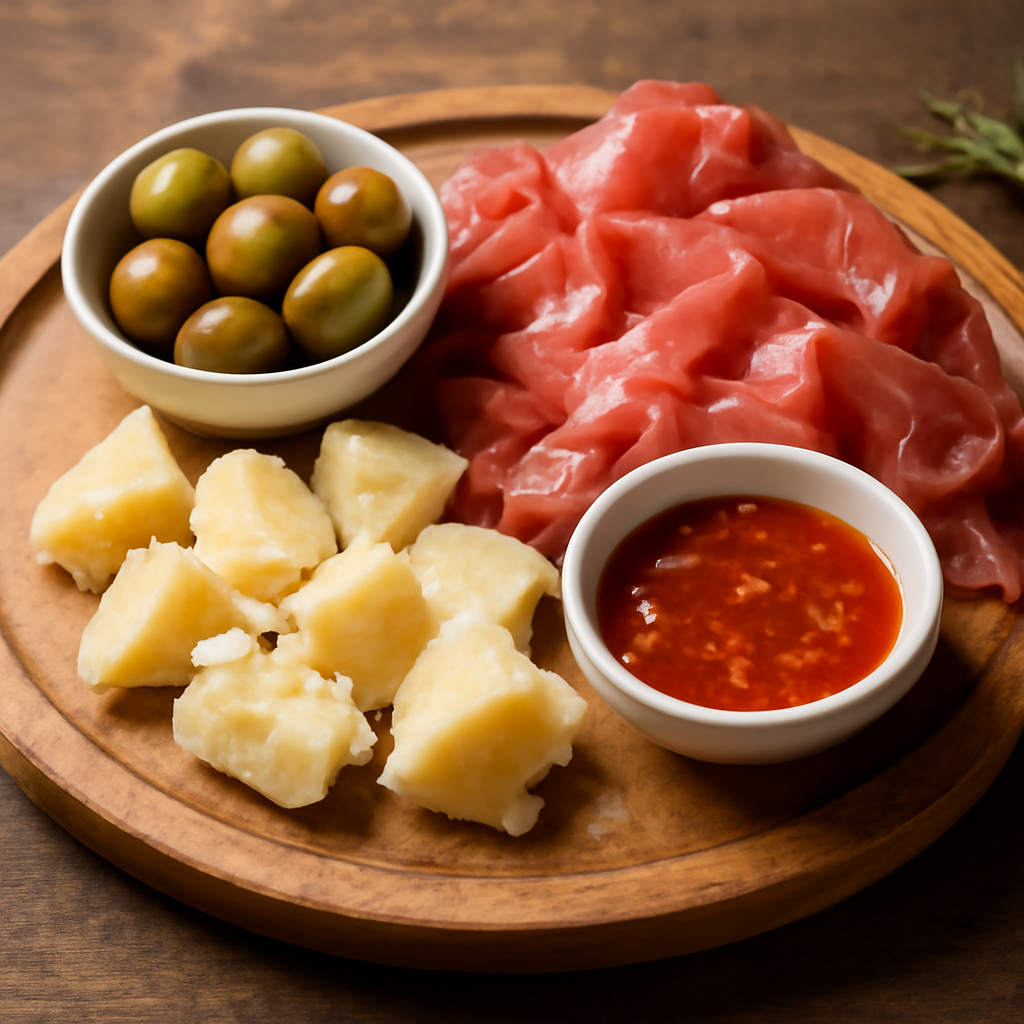 Foto di Tagliere sfizioso con olive, affettato, parmigiano e salsa piccante