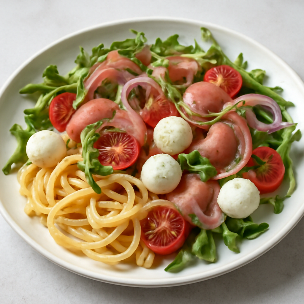 Pasta con uova, prosciutto, mozzarella, pomodori, cipolle e rucola