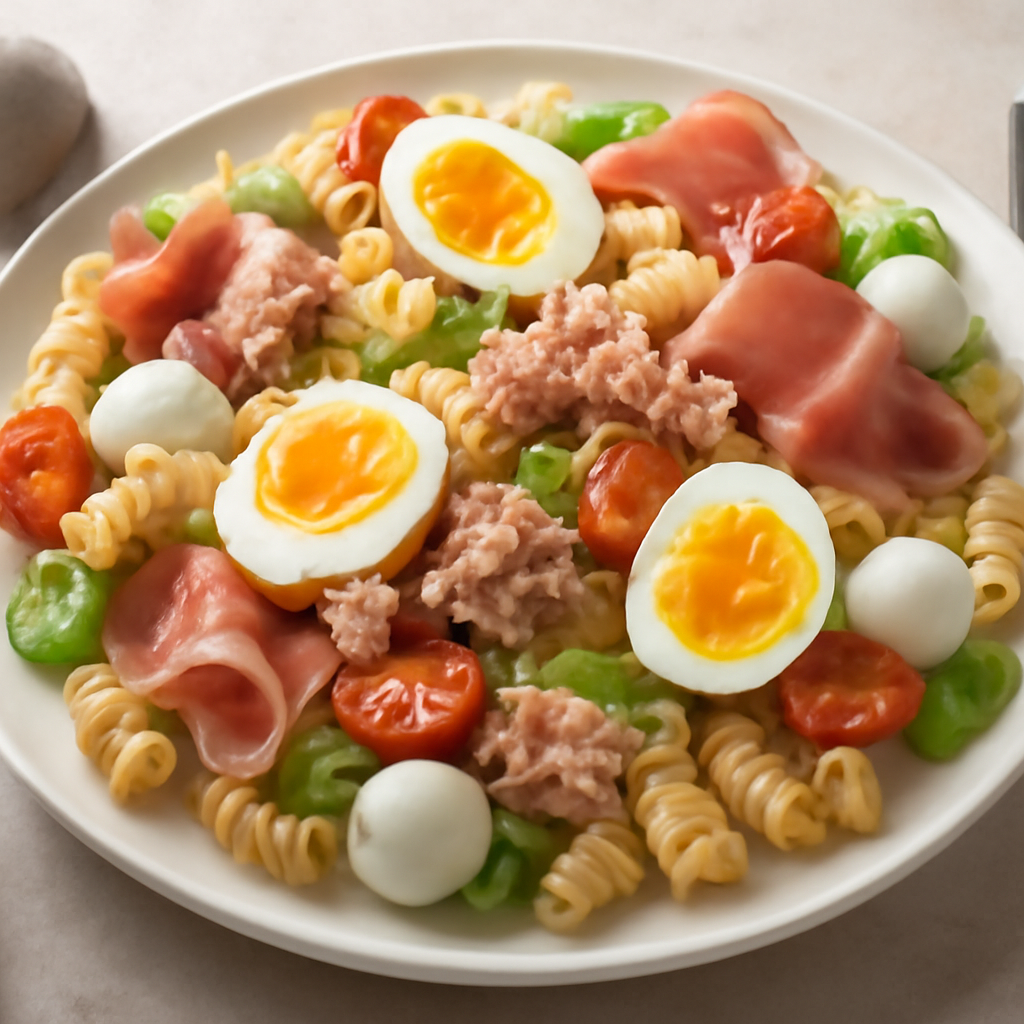 Insalata di pasta con tonno, uova, prosciutto e mozzarella