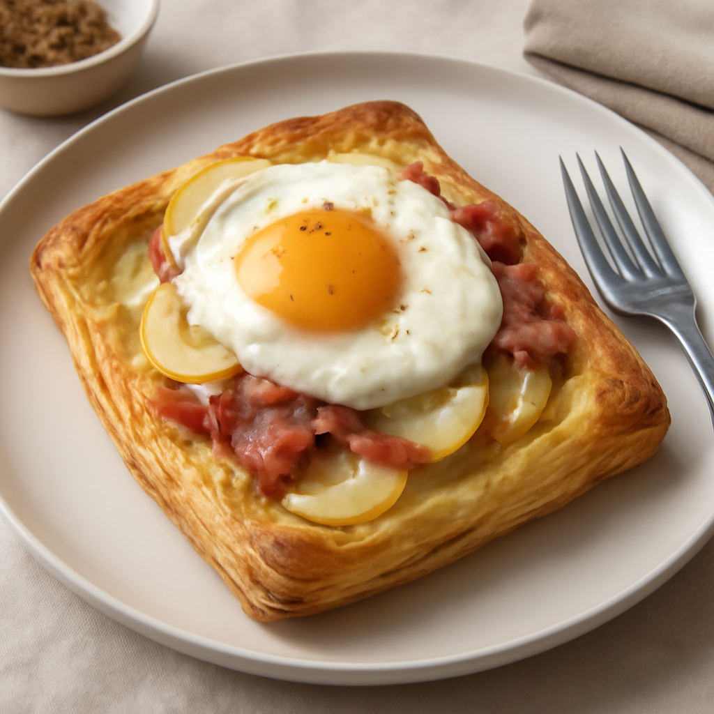 Sfogliatina di patate, prosciutto e formaggio con uovo