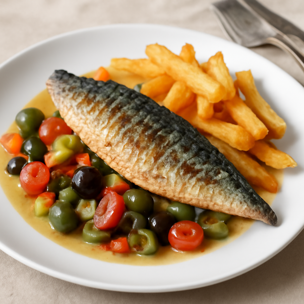 Sgombro in padella con olive, verdure e patate fritte