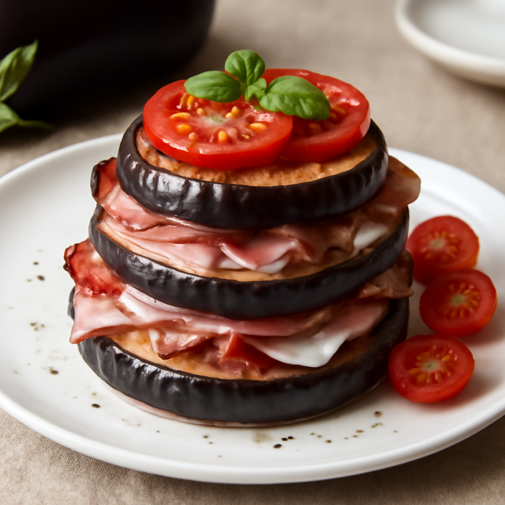 Torretta di melanzane con prosciutto cotto, speck e pomodori