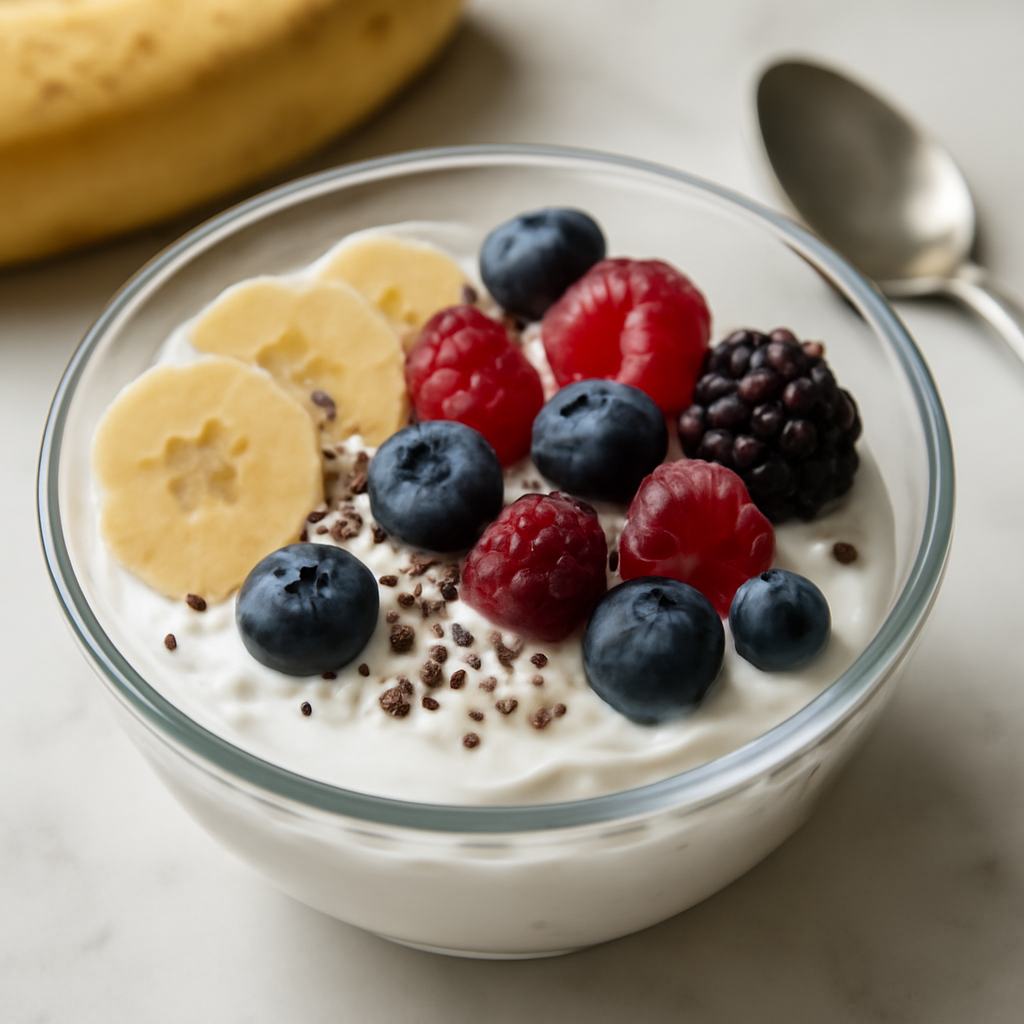 Coppetta di yogurt alla banana con frutti di bosco e cioccolato