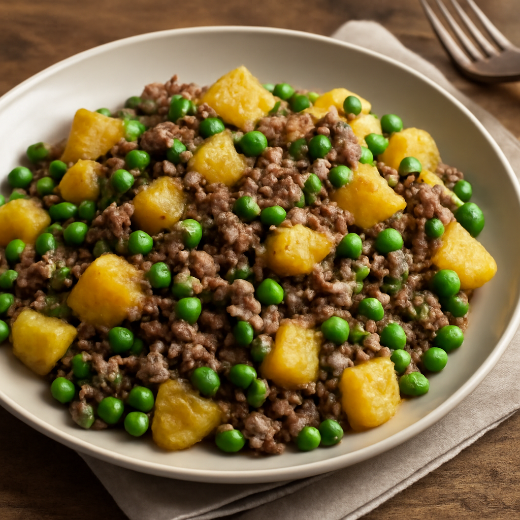 Padellata di patate, piselli e macinato misto