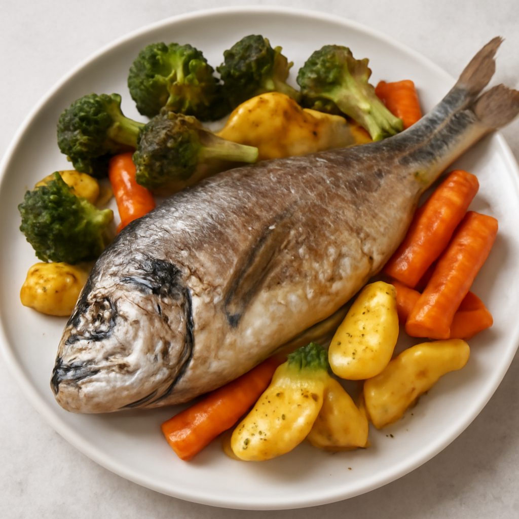 Orata al forno con broccoli, patate e carote