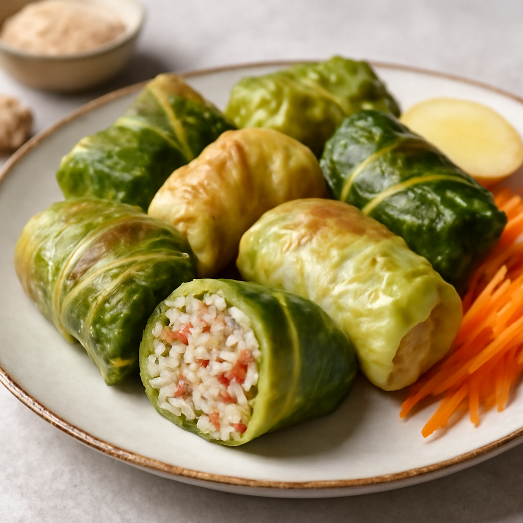 Involtini di riso con carne, cavolo, carote e zenzero