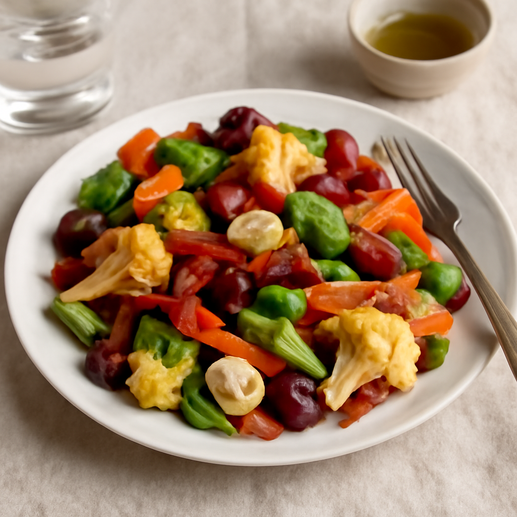 Insalata tiepida di cavolfiore, cavolo verde, cicoria, sedano, carote, speck, tofu e uva