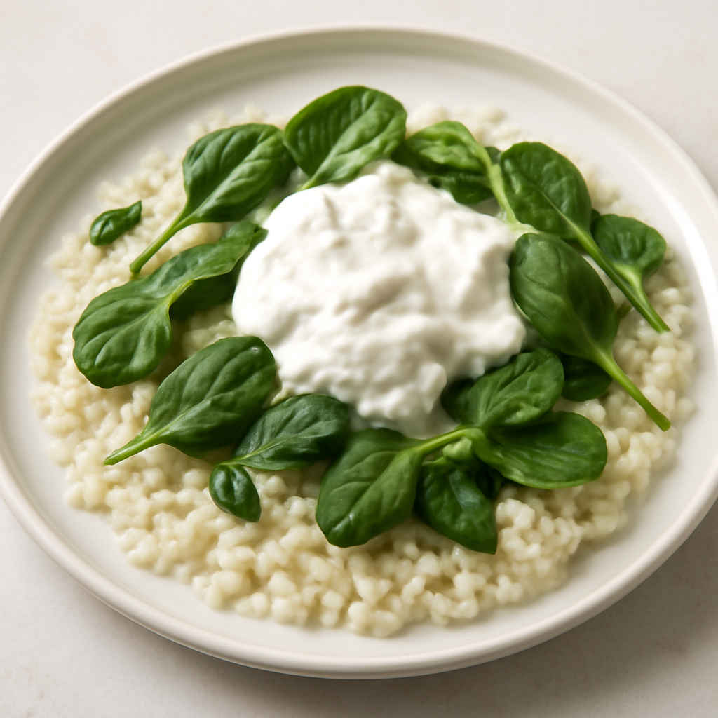Riso con stracciatella e spinaci freschi