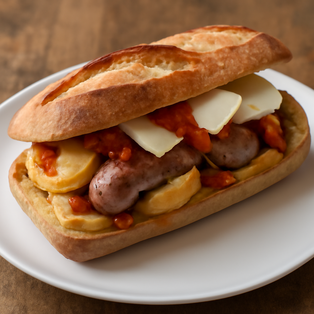 Baguette con salsiccia, nduja, pecorino fresco e patate