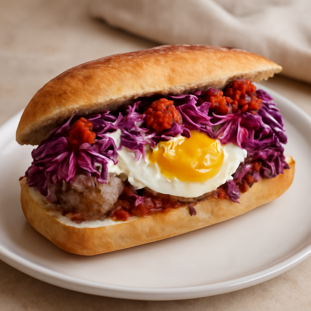 Baguette farcita con salsiccia, uovo, pecorino, cavolo rosso e 'nduja
