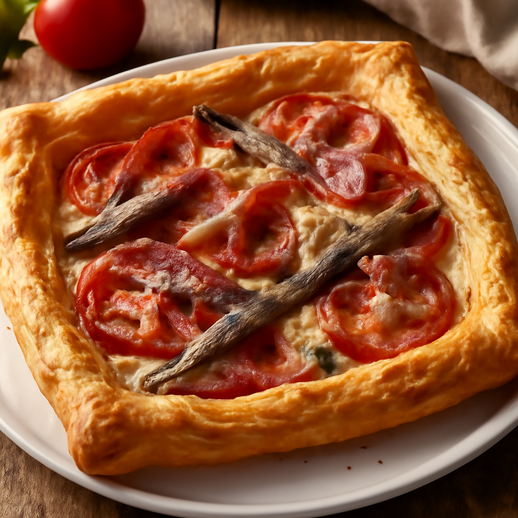 Sfogliata rustica con prosciutto crudo, caciocavallo, alici e pomodoro