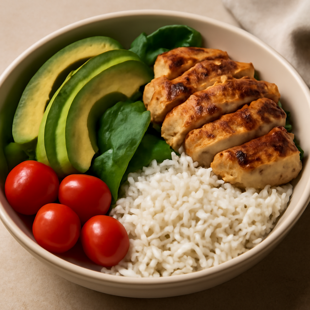 Bowl di pollo, avocado e riso basmati