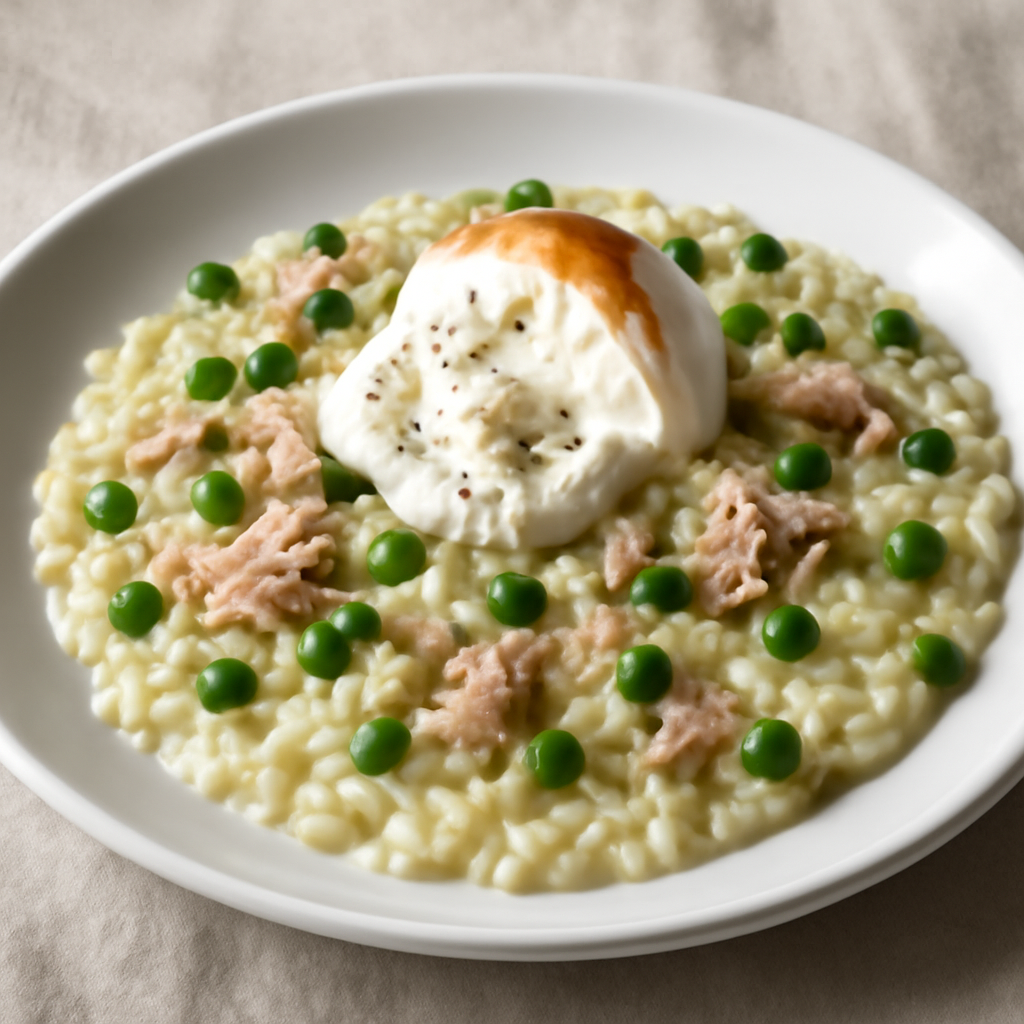 Riso cremoso con piselli, tonno e burrata affumicata