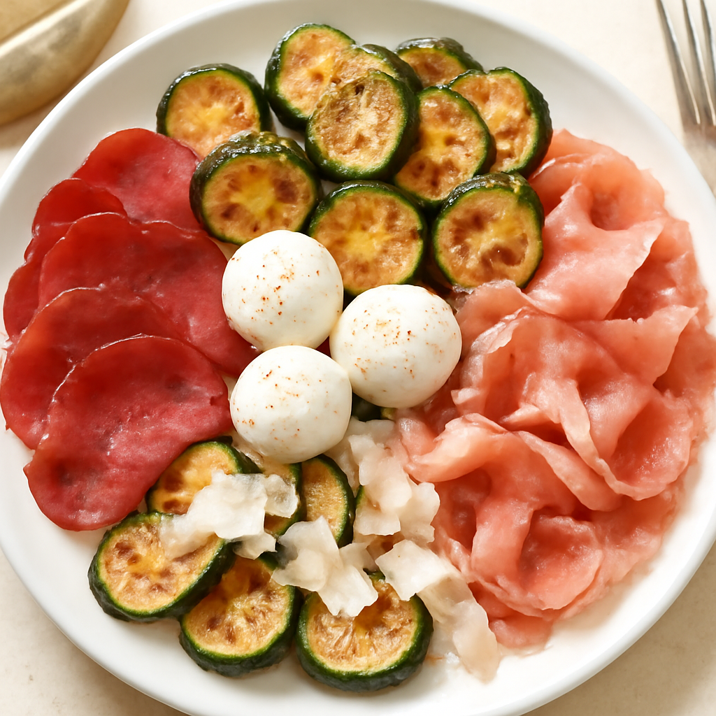 Insalata di zucchine arrostite con bresaola, prosciutto crudo, mozzarella e parmigiano