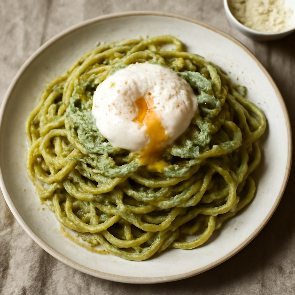 Pasta al Pesto con Uovo Cremoso e Parmigiano