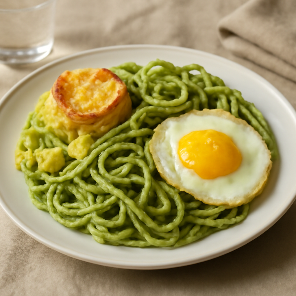 Pasta cremosa al pesto con uovo e patate gratinate