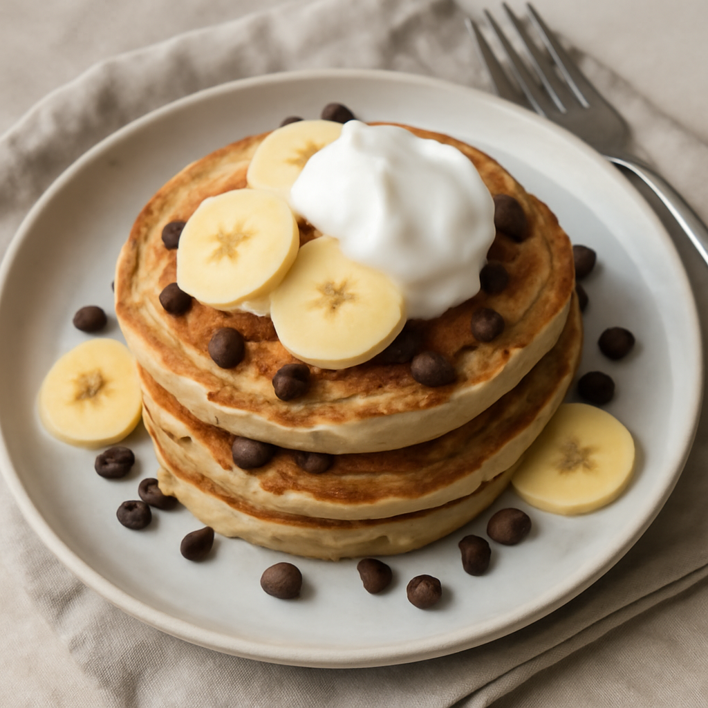 Pancake alla banana con gocce di cioccolato e yogurt di soia
