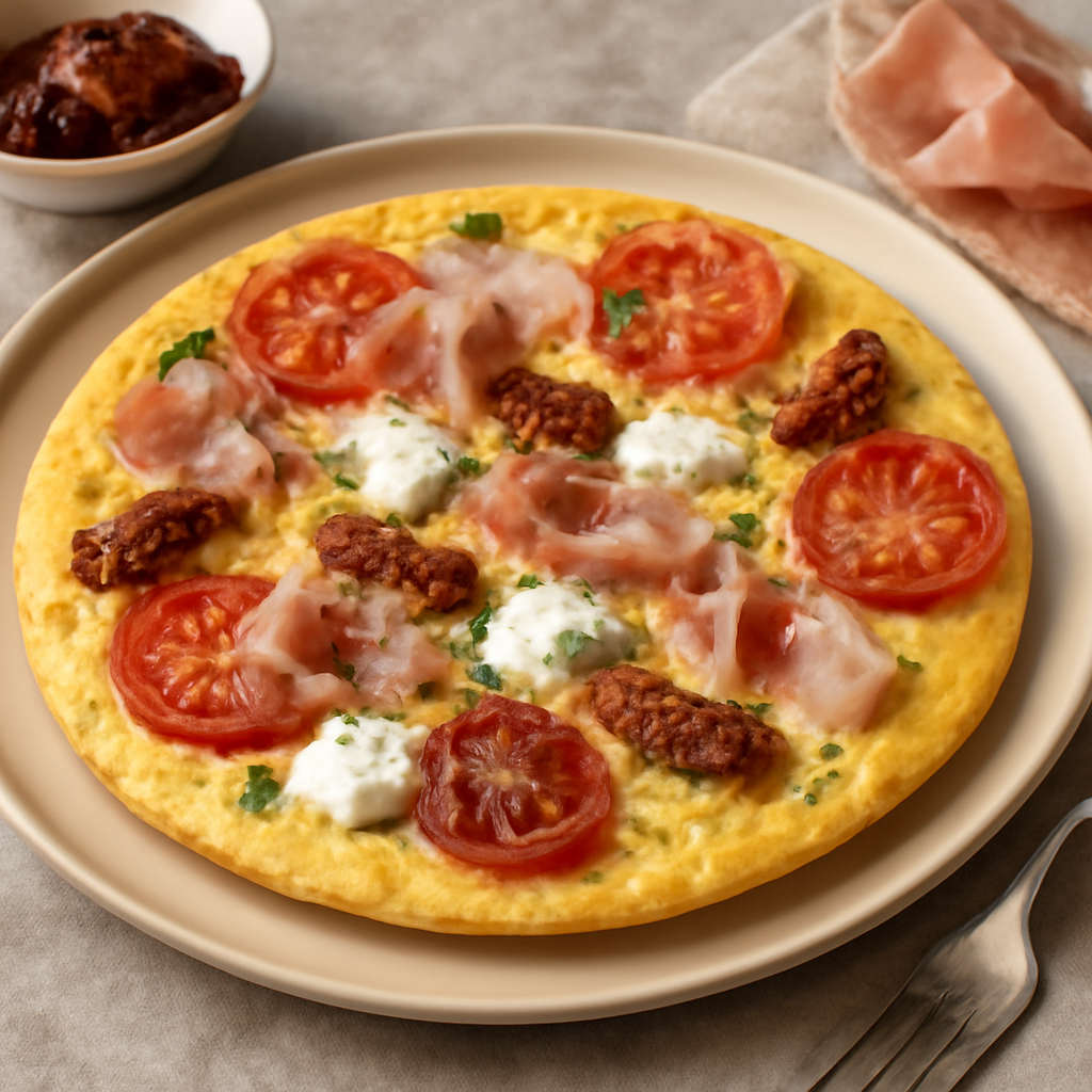 Frittata con robiola, pomodori freschi e secchi, prosciutto cotto