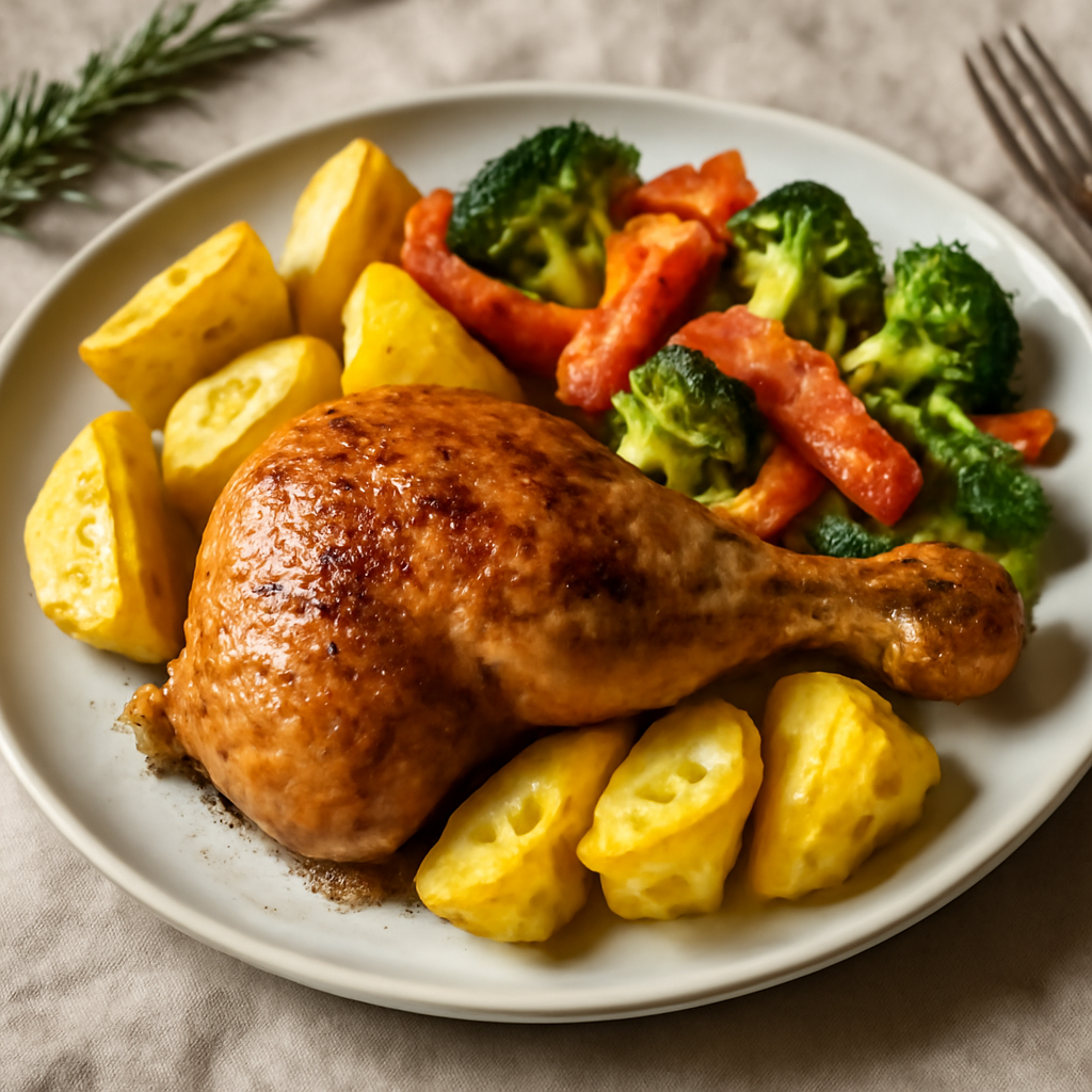 Cosciotto di pollo al forno con patate e verdure