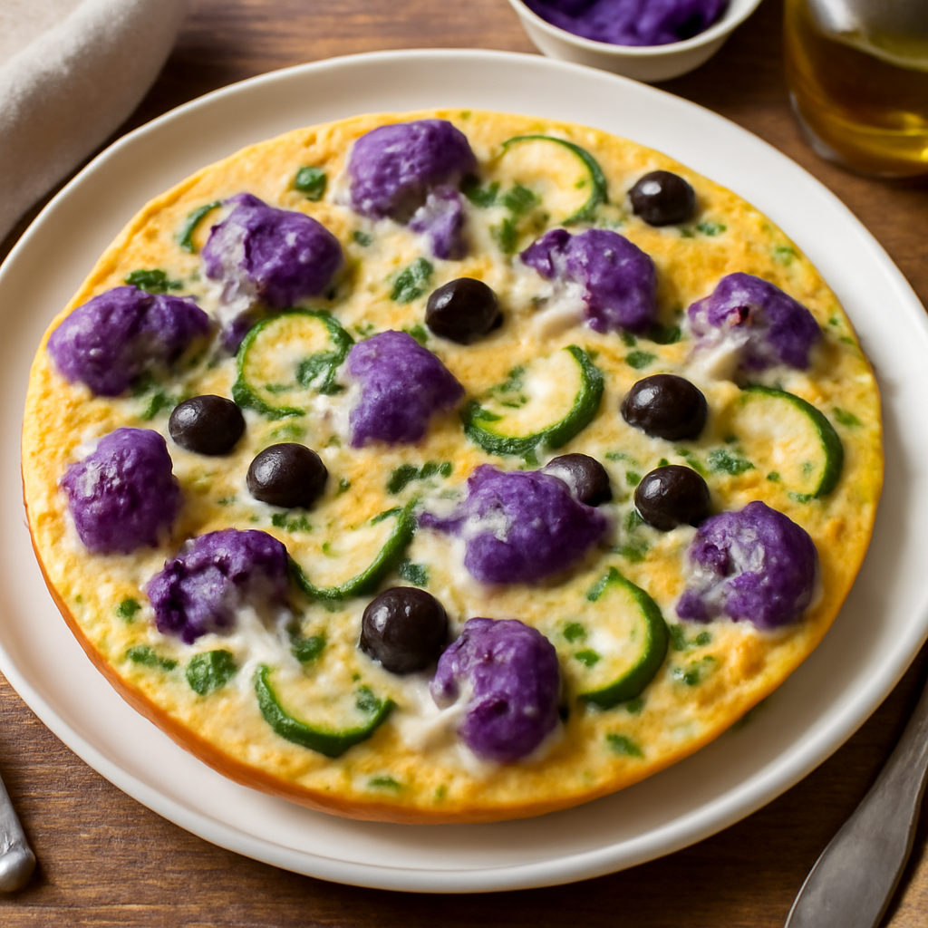 Frittata di cavolfiore viola, zucchine, olive e formaggio