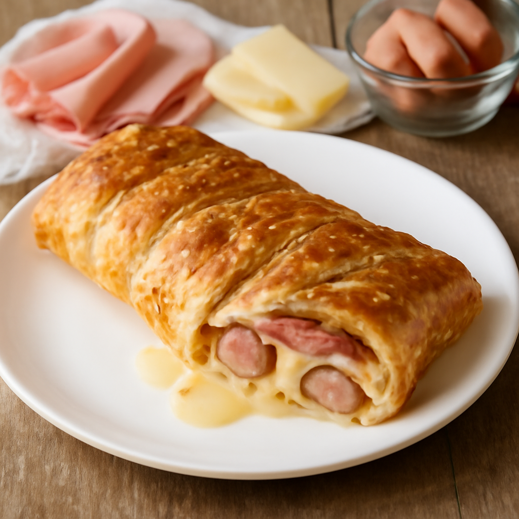 Rustico di sfoglia con wurstel, emmental e prosciutto cotto