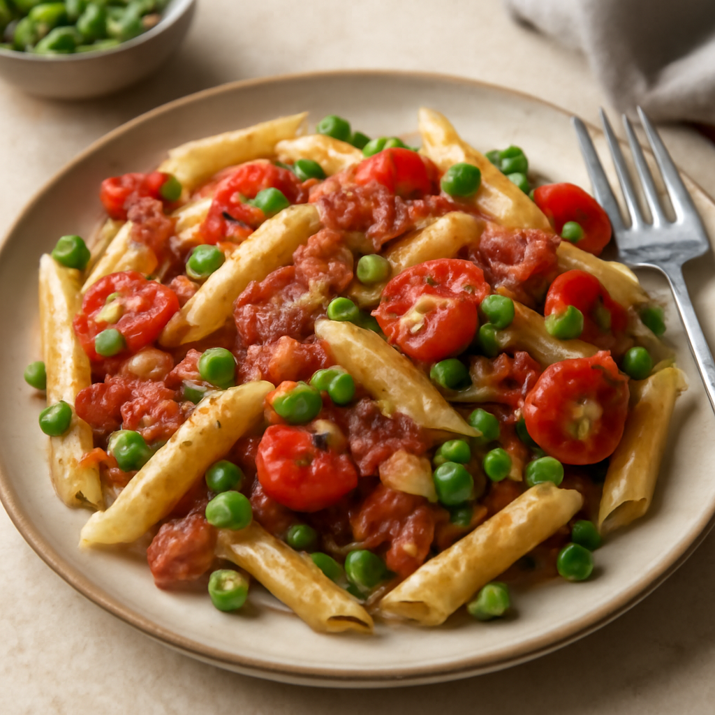 Pasta con pancetta, pisellini e pomodorini